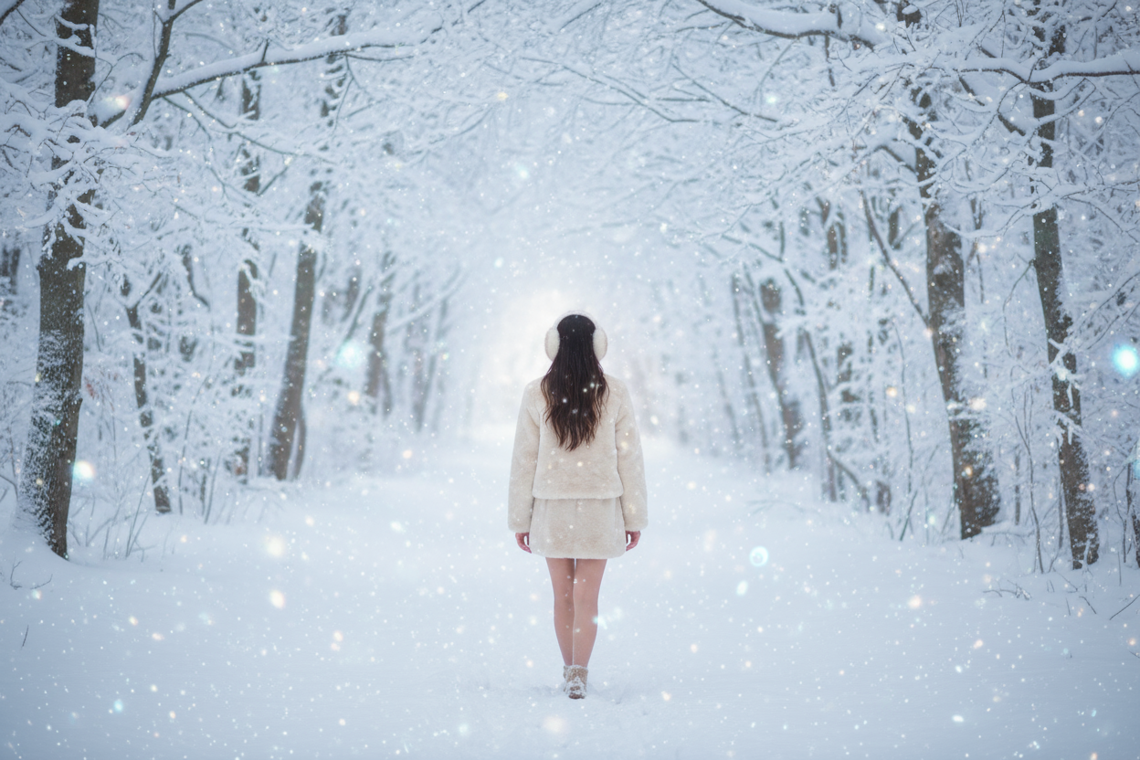 Show the back of a girl walking through a magical winter wonderland scene with a short fur coat on and matching fur ear muffs